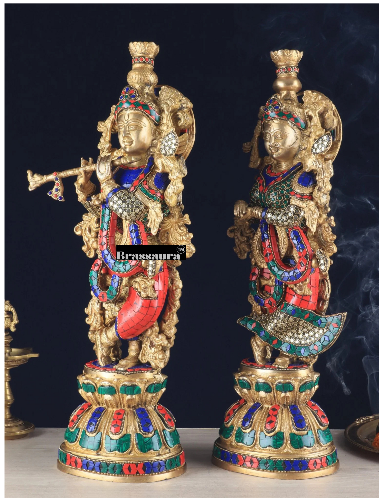 Brassaura™ Pure Brass Radha Krishna Statue with Rings & Natural Stones – Height 21 Inches & Weight 18 Kgs | Devotional Idol