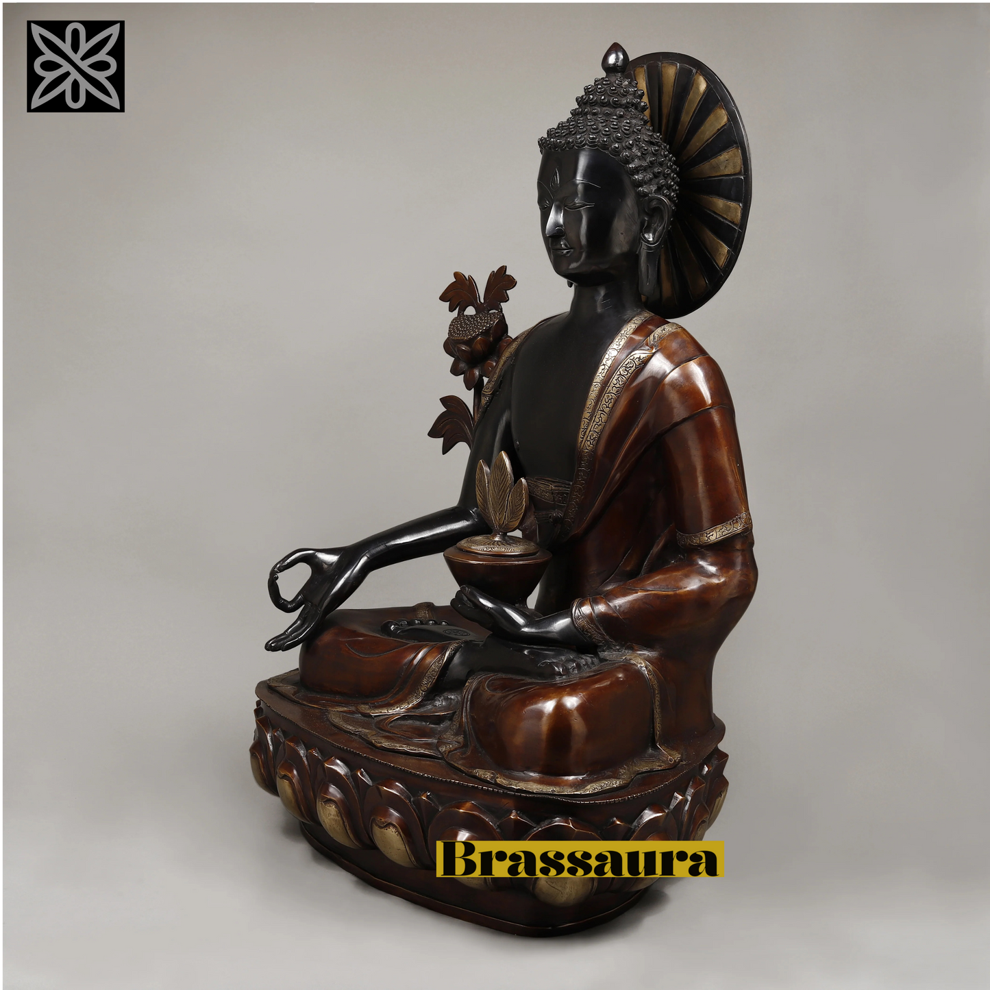 Brassaura™ Brass Buddha Statue in Medicine Posture – Height 34 Inches | Weight 44.6 Kgs | Deep Black & Copper Finish