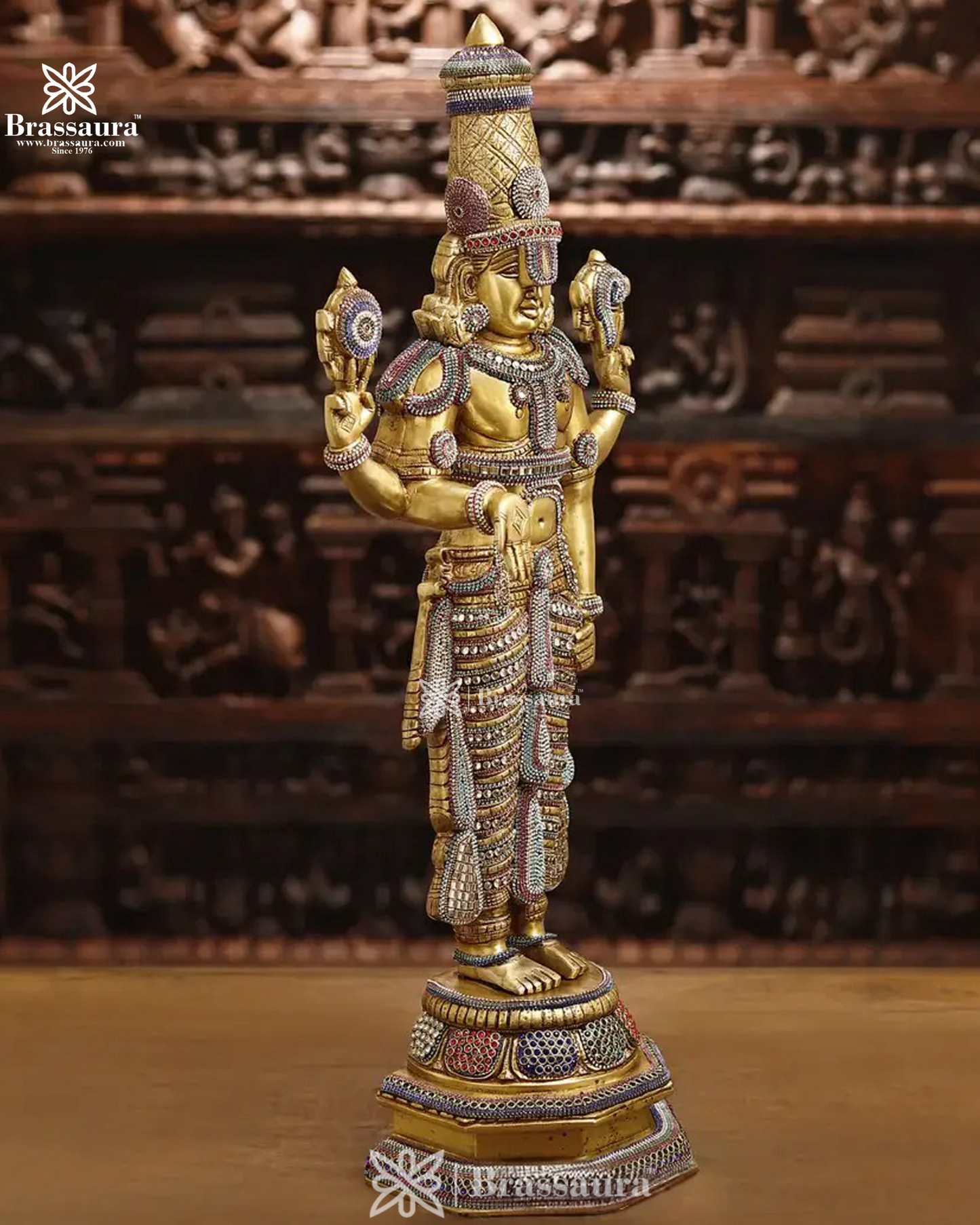 Brass Balaji Idol, Standing Enhanced with Semi-Precious Stone Inlay, 33 inch ", Weight 21.88 Kg