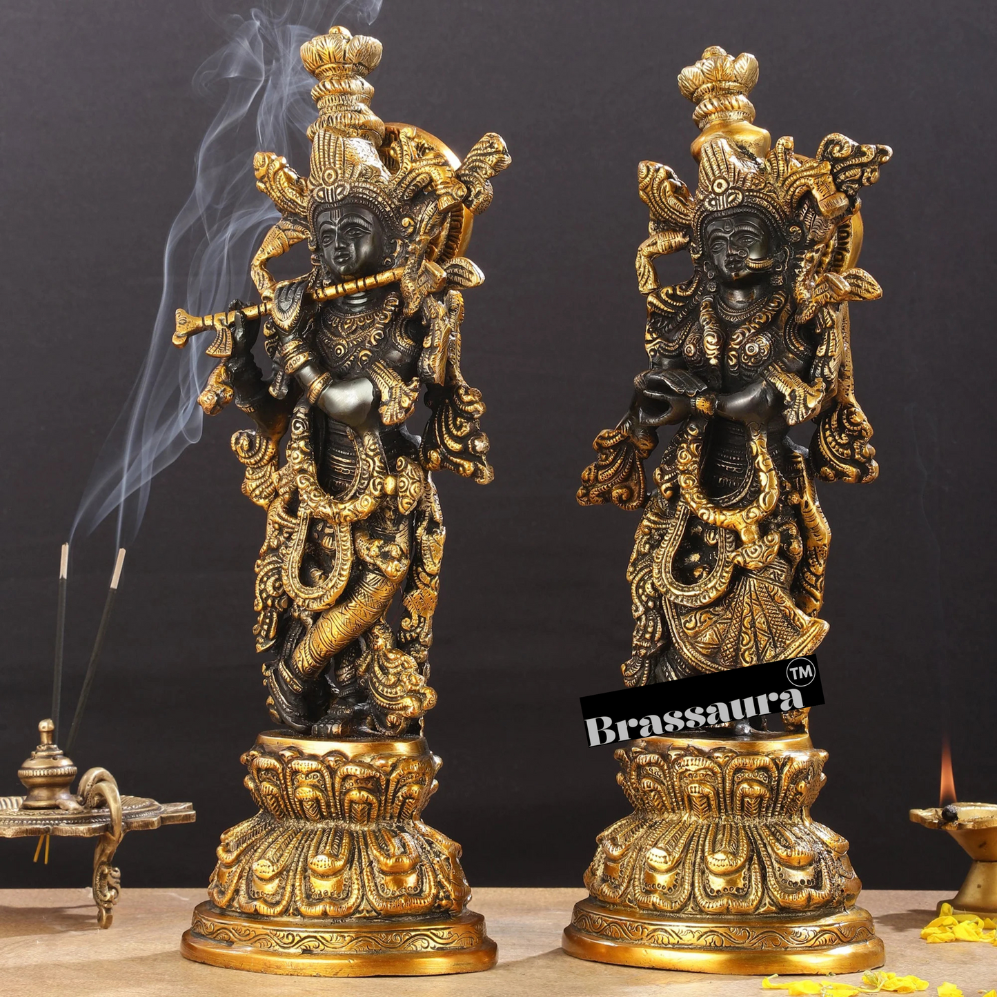 Brassaura™ Intricately Crafted Brass Radha Krishna Idols – 15 Inch Height, 10 Kg Pair | Black & Gold Heat-Treated Finish