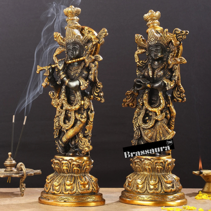 Brassaura™ Intricately Crafted Brass Radha Krishna Idols – 15 Inch Height, 10 Kg Pair | Black & Gold Heat-Treated Finish
