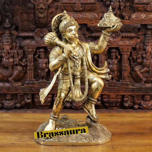 Brassaura™ Brass Hanuman With Mountain Statue Height 27 Inches & Weight 25.28 Kgs | Traditional Temple Idol