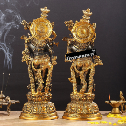 Brassaura™ Intricately Crafted Brass Radha Krishna Idols – 15 Inch Height, 10 Kg Pair | Black & Gold Heat-Treated Finish