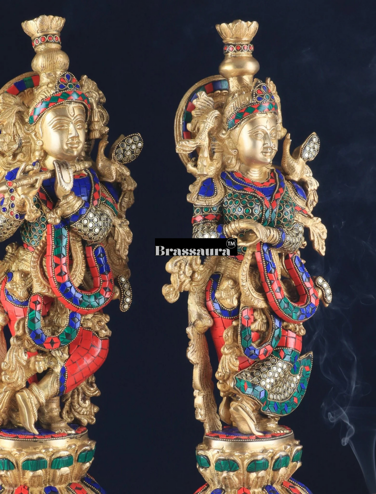 Brassaura™ Pure Brass Radha Krishna Statue with Rings & Natural Stones – Height 21 Inches & Weight 18 Kgs | Devotional Idol