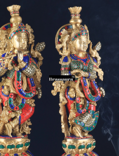 Brassaura™ Pure Brass Radha Krishna Statue with Rings & Natural Stones – Height 21 Inches & Weight 18 Kgs | Devotional Idol