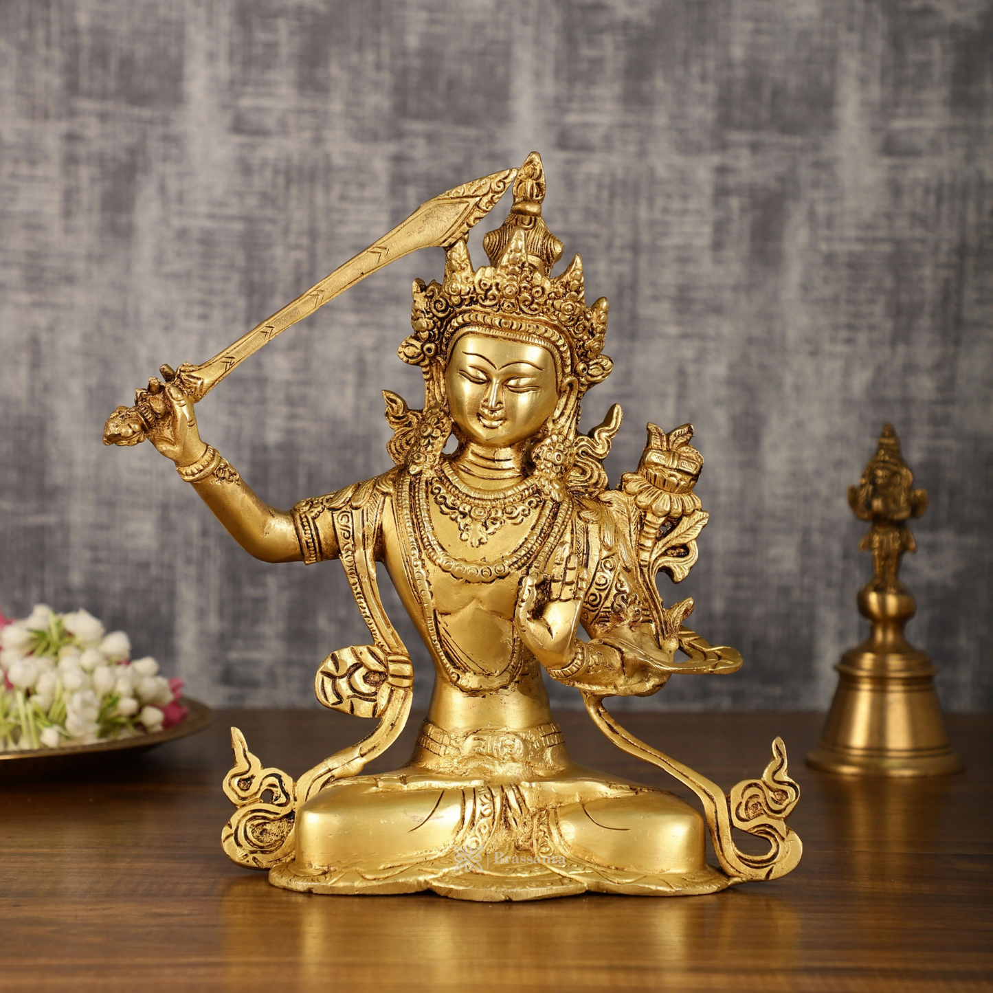 Brassaura™ Brass Manjushri Buddha Statue – Height 10 Inches, Weight 3 Kgs