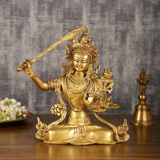 Brassaura™ Brass Manjushri Buddha Statue – Height 10 Inches, Weight 3 Kgs