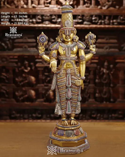 Brass Balaji Idol, Standing Enhanced with Semi-Precious Stone Inlay, 33 inch ", Weight 21.88 Kg