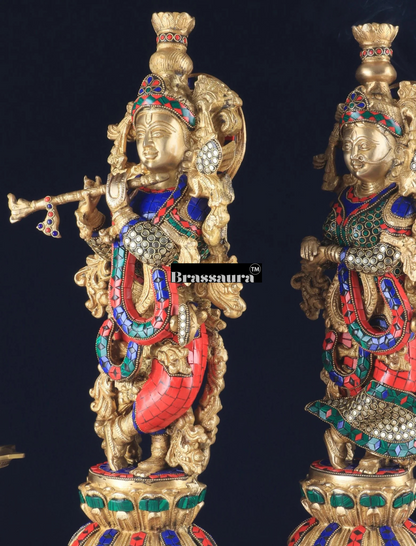 Brassaura™ Pure Brass Radha Krishna Statue with Rings & Natural Stones – Height 21 Inches & Weight 18 Kgs | Devotional Idol