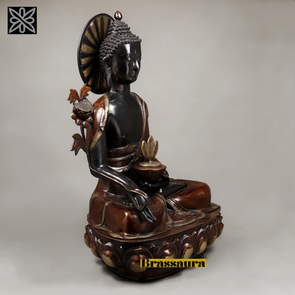 Brassaura™ Brass Buddha Statue in Medicine Posture – Height 34 Inches | Weight 44.6 Kgs | Deep Black & Copper Finish
