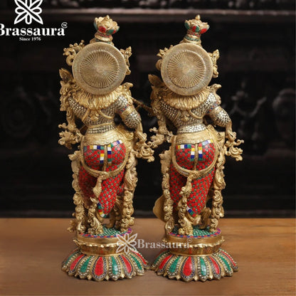 Brass Gem Stone Work Radha Krishna Murti Weight 37.62 Kg And Height 26 Inch