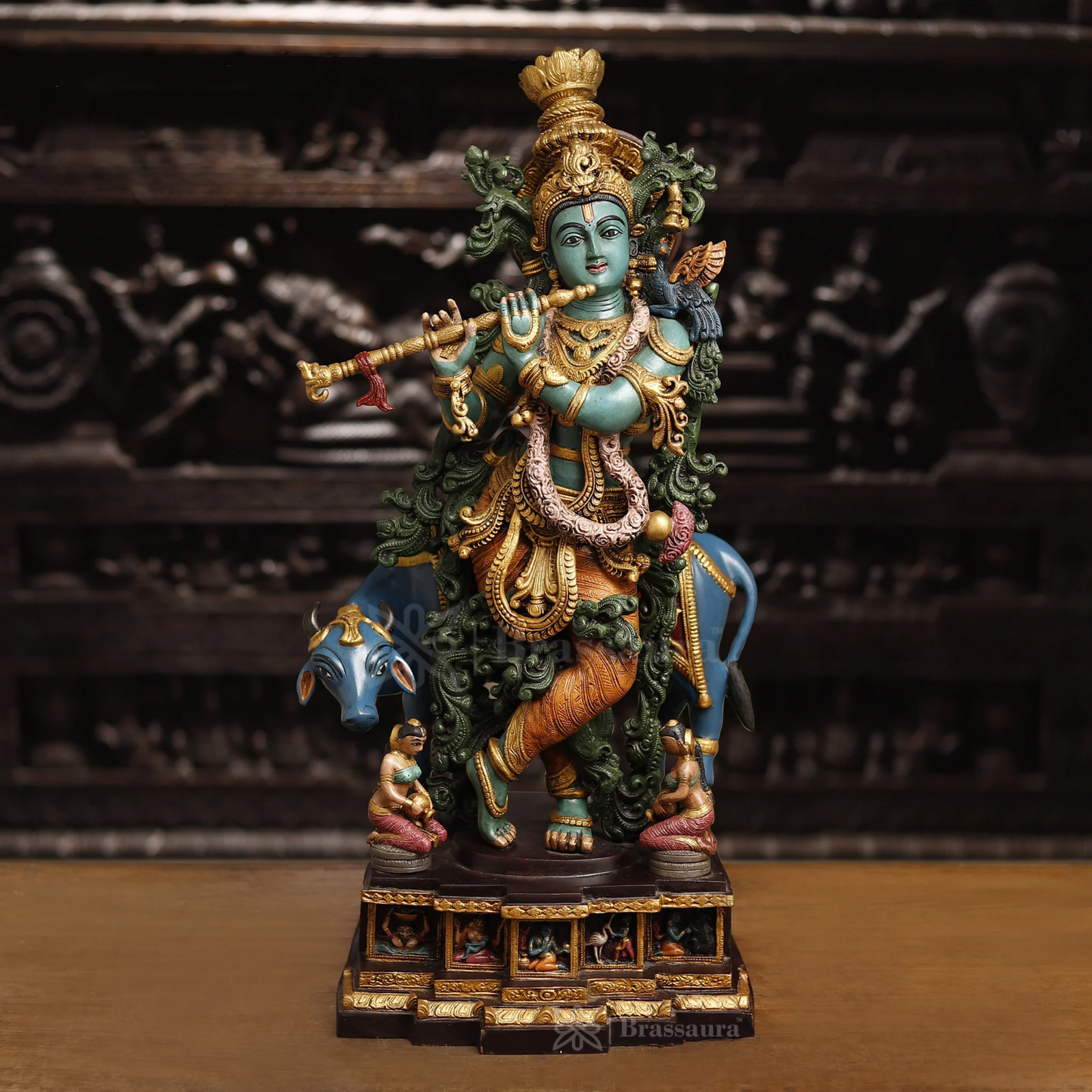 Brass Cow Krishna Murti Weight 35 Kg And Height 29 Inch