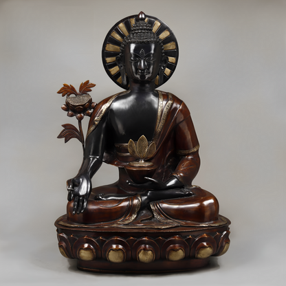 Brassaura™ Brass Buddha Statue in Medicine Posture – Height 34 Inches | Weight 44.6 Kgs | Deep Black & Copper Finish