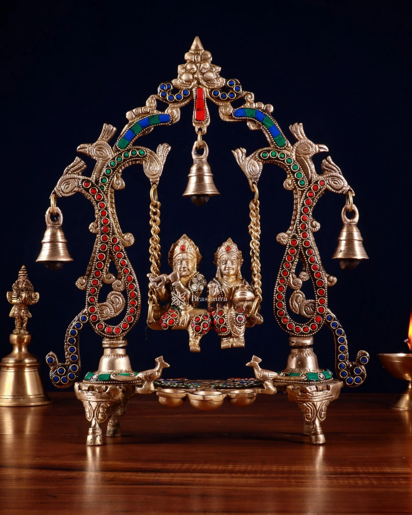 Brassaura™ Brass Radha Krishna Swing Idol with Diyas, Peacocks & Bells – Height 13.5 Inches & Weight 2.4 Kgs | Elegant Devotional Statue