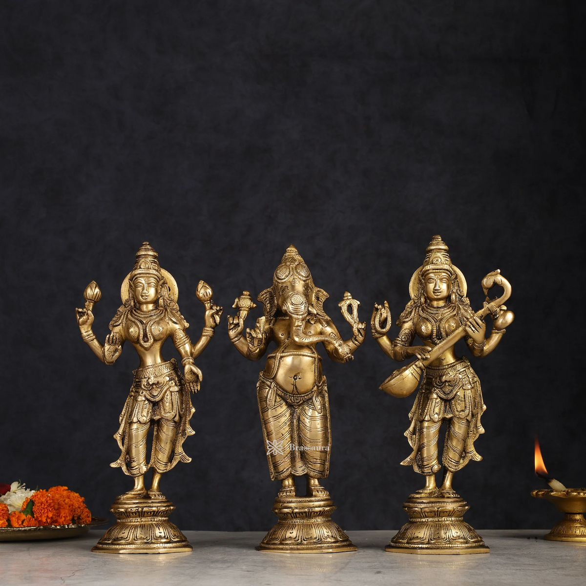 Brassaura® Standing Ganesha Lakshmi Saraswati Idol Set | Pure Superfine Brass Handcrafted Murti | Brass Statue for Home Temple, Pooja Room | Height 10 Inches | Weight 9 Kgs