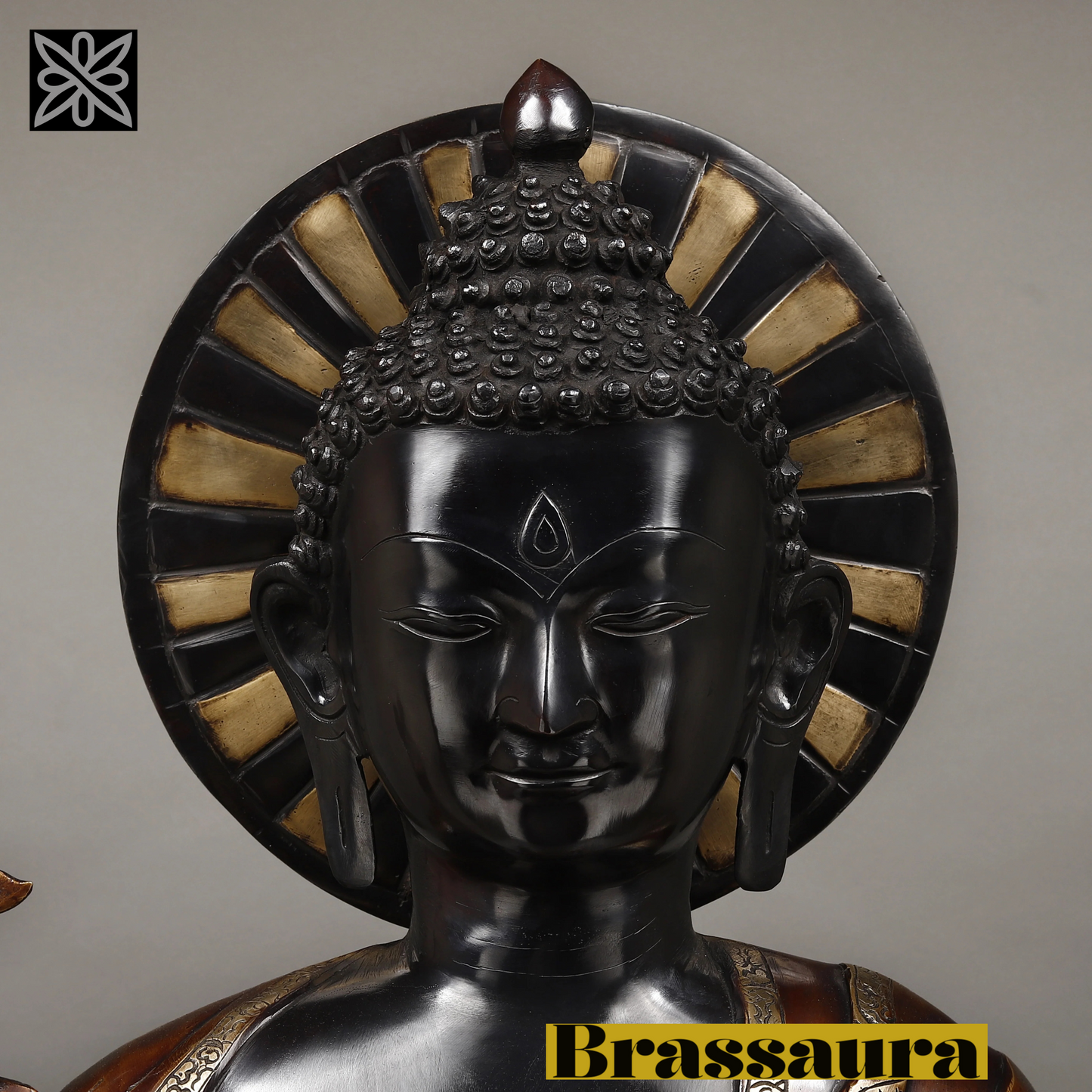 Brassaura™ Brass Buddha Statue in Medicine Posture – Height 34 Inches | Weight 44.6 Kgs | Deep Black & Copper Finish