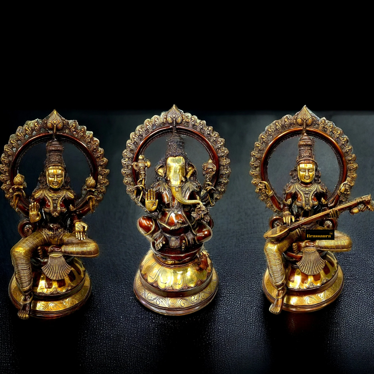 Brassaura® Grand Ganapati Saraswati Lakshmi Deity Set with Graceful Arch | Pure Superfine Brass Handcrafted Murti | Brass Statue for Home Temple, Pooja Room | Height 27 Inches | Weight 99 Kgs