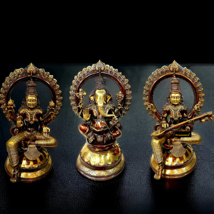 Brassaura® Grand Ganapati Saraswati Lakshmi Deity Set with Graceful Arch | Pure Superfine Brass Handcrafted Murti | Brass Statue for Home Temple, Pooja Room | Height 27 Inches | Weight 99 Kgs