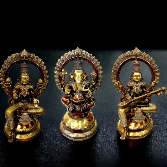 Brassaura® Grand Ganapati Saraswati Lakshmi Deity Set with Graceful Arch | Pure Superfine Brass Handcrafted Murti | Brass Statue for Home Temple, Pooja Room | Height 27 Inches | Weight 99 Kgs
