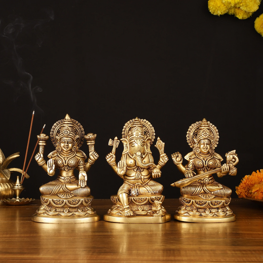 Brassaura® Superfine Ganesha Lakshmi Saraswati Idol | Pure Superfine Brass Handcrafted Murti | Brass Statue for Home Temple, Pooja Room | Height 7 Inches | Weight 6 Kgs