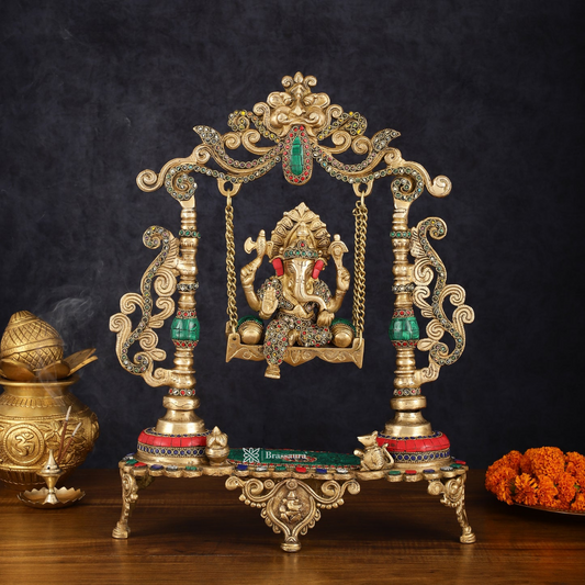 Brassaura™ Brass Lord Ganesha Swing with Multicolor Stonework – 18" Height, 7.5 kg – Elegant Handcrafted Centerpiece