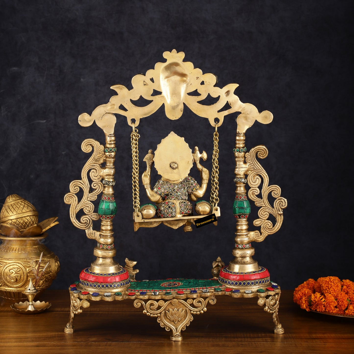 Brassaura™ Brass Lord Ganesha Swing with Multicolor Stonework – 18" Height, 7.5 kg – Elegant Handcrafted Centerpiece
