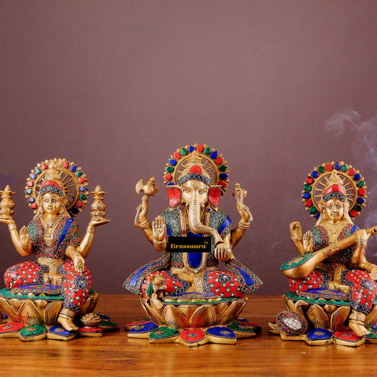 Brassaura® Ganesha Lakshmi Saraswati Idol Set with Vibrant Gemstone Inlay | Pure Superfine Brass Handcrafted Murti | Brass Statue for Home Temple, Pooja Room | Height 11.81 Inches | Weight 19 Kgs