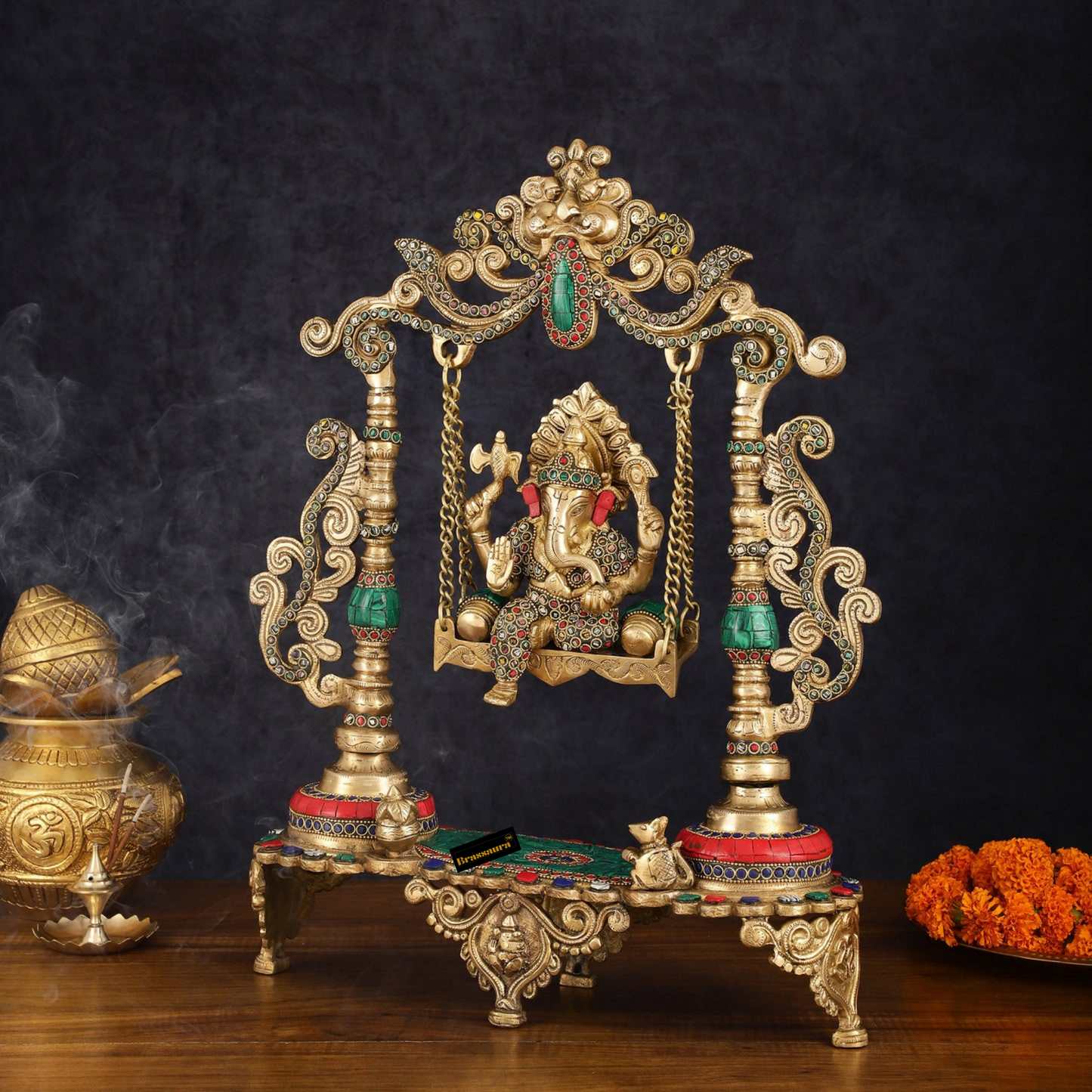 Brassaura™ Brass Lord Ganesha Swing with Multicolor Stonework – 18" Height, 7.5 kg – Elegant Handcrafted Centerpiece