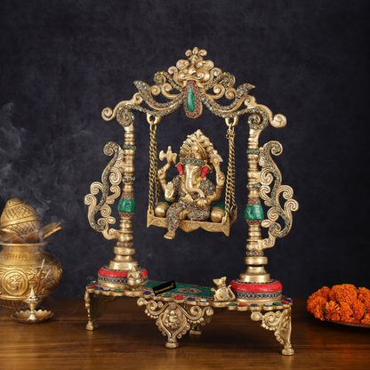 Brassaura™ Brass Lord Ganesha Swing with Multicolor Stonework – 18" Height, 7.5 kg – Elegant Handcrafted Centerpiece