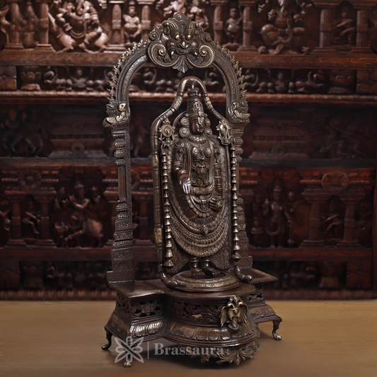 Brass Tirupati Balaji Statue, Standing Prabhavali Frame, Antique Finish 36" Inch & Weight 39.1 Kg