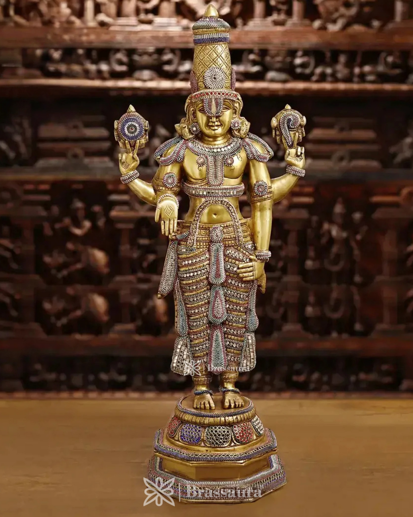 Brass Balaji Idol, Standing Enhanced with Semi-Precious Stone Inlay, 33 inch ", Weight 21.88 Kg
