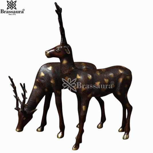Brassaura® Pair of Copper Brown Brass Deer Sculptures | Handcrafted Grand Décor Showpieces | Height 28 Inches & Weight 23.5 Kgs
