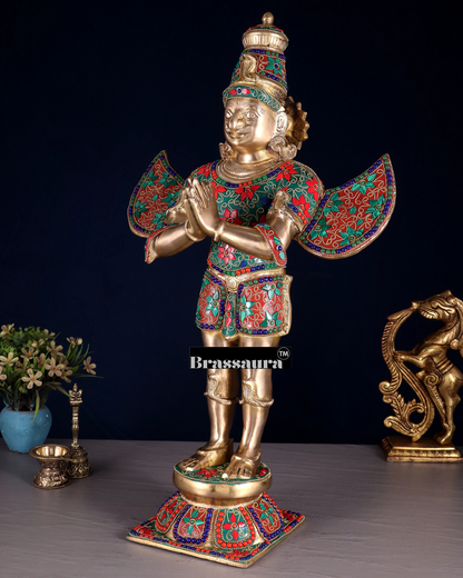 Handcrafted Brass Garuda Statue with Meenakari Artwork – Height 22 Inches, Weight 12.5 Kgs