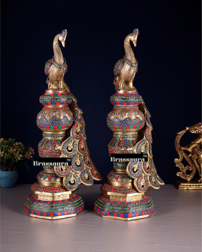 Brassaura™ Brass Peacock Pair with Meenakari Detailing – Height 20 Inches & Weight 17 Kgs (Pair)