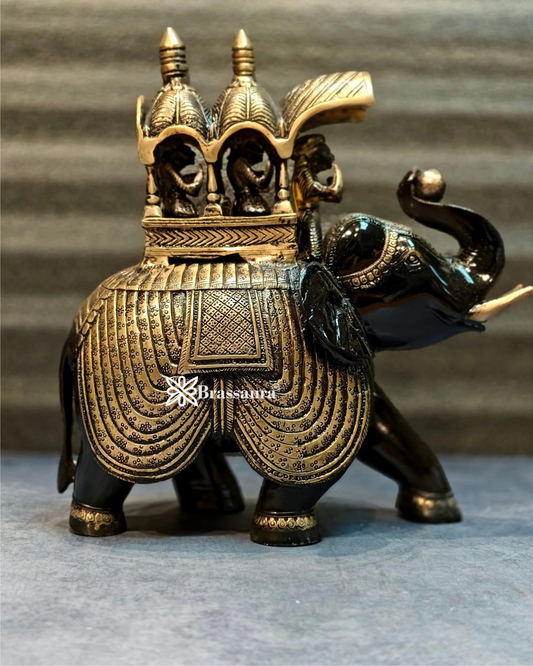 ब्रासुरिया™ शुद्ध पीतल अंबारी हाथी की मूर्ति - ऊंचाई 12 इंच और वज़न 7.5 किग्रा