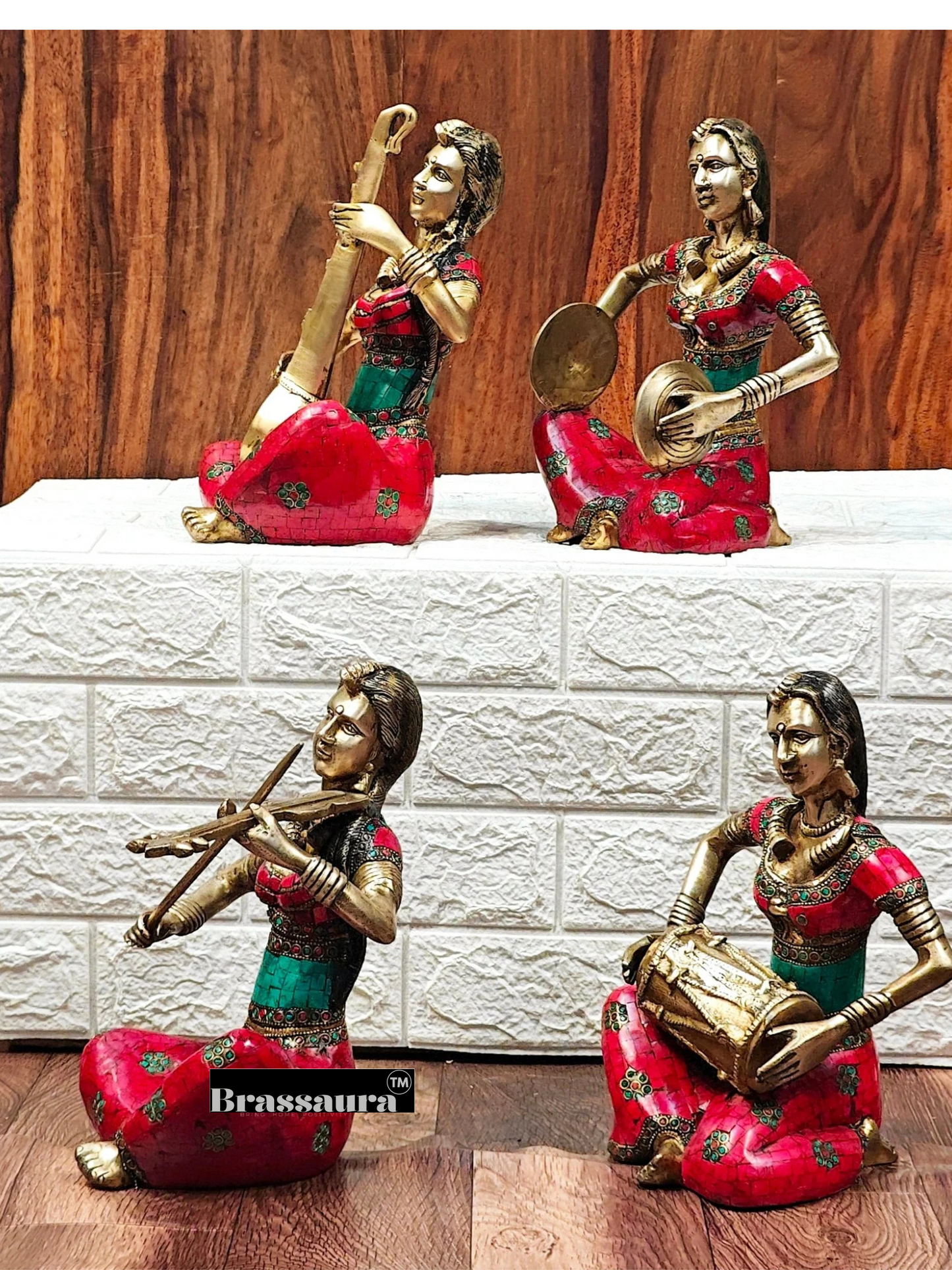 Brassaura™ Brass Tribal Lady Musicians Set – Height 11 Inches Each & Total Weight 21 Kgs (Set of 4)