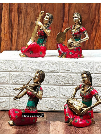 Brassaura™ Brass Tribal Lady Musicians Set – Height 11 Inches Each & Total Weight 21 Kgs (Set of 4)