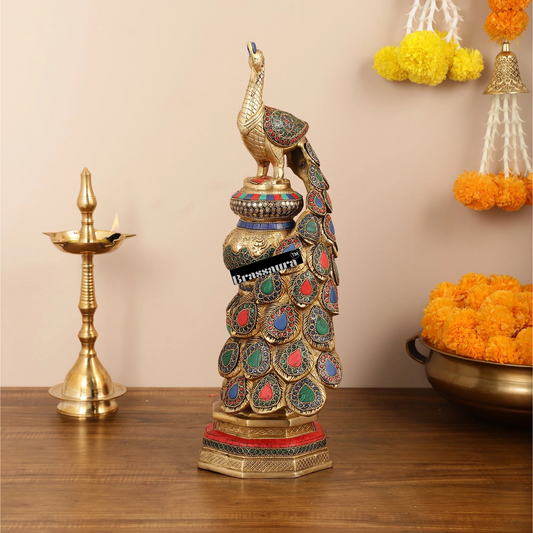 Brassaura® Brass Large Peacock Showpiece with Meenakari Work – Height 20 Inches & Weight 8.5 Kgs