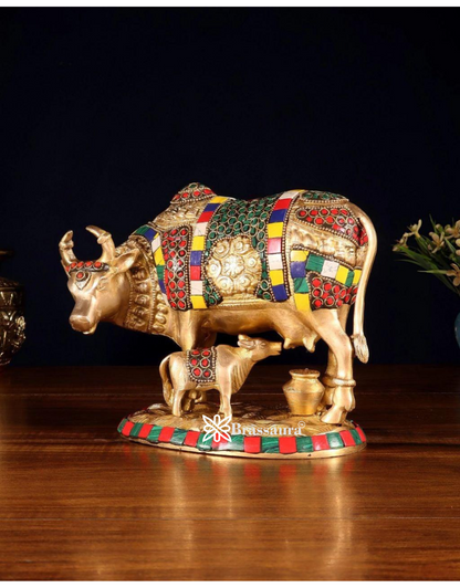 Brassaura™ Brass Cow & Calf Statue with BudShiv Meenakari Stonework – Height 7 Inches & Weight 3.25 Kgs