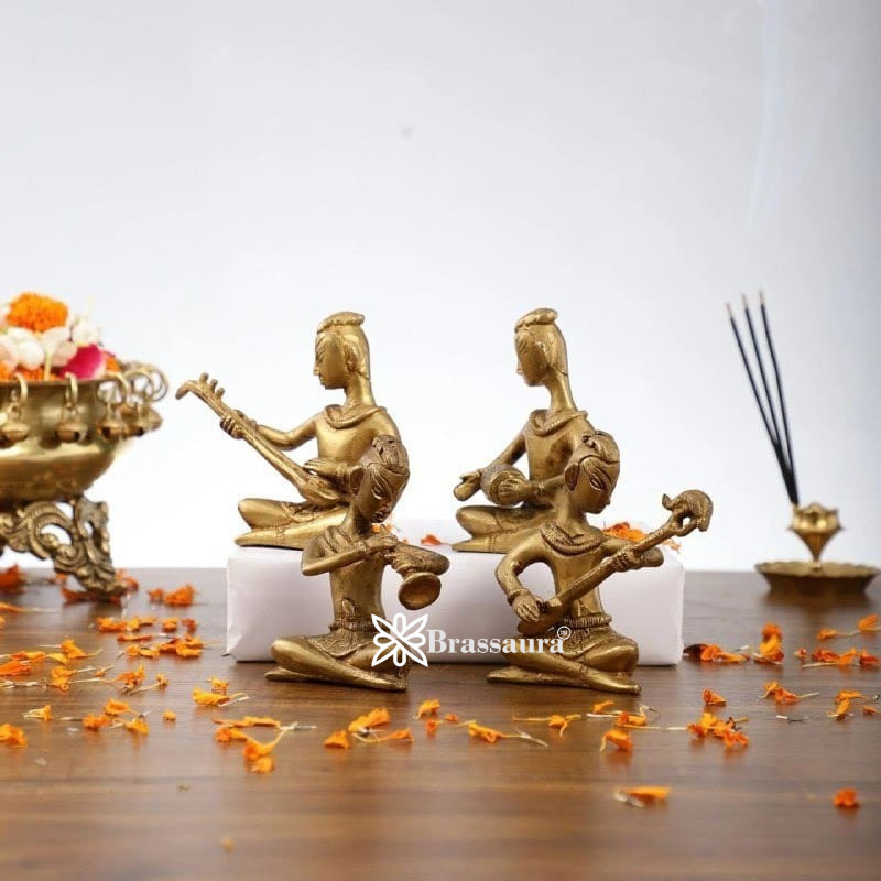 Brassaura™ Brass Handcrafted Set of 4 Indian Folk Musicians – Height 4 Inches & Total Weight 2 Kgs