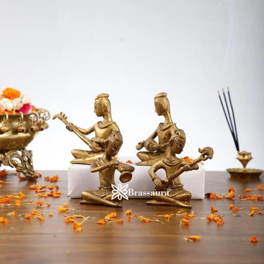 Brassaura™ Brass Handcrafted Set of 4 Indian Folk Musicians – Height 4 Inches & Total Weight 2 Kgs
