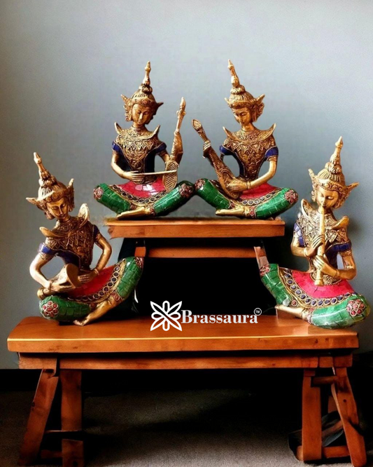 Brassaura™ Brass Handcrafted Thai Musical Set with Stonework – Height 8 Inches & Total Weight 6 Kgs (Set of 4)
