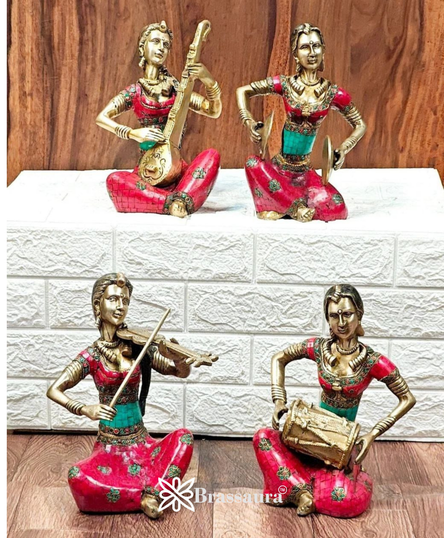 Brassaura™ Brass Tribal Lady Musicians Set – Height 11 Inches Each & Total Weight 21 Kgs (Set of 4)