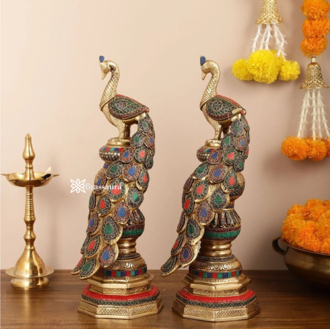 Brassaura™ Brass Large Peacock Showpiece Pair with Meenakari Work – Height 20 Inches Each & Total Weight 17 Kgs
