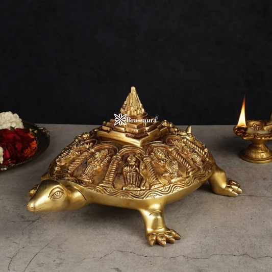 Brassaura™ Brass Dashavatara Vishnu Statue with Shree Yantra & Vastu Tortoise – Height 6" & Weight 4 Kgs | Gold Finish
