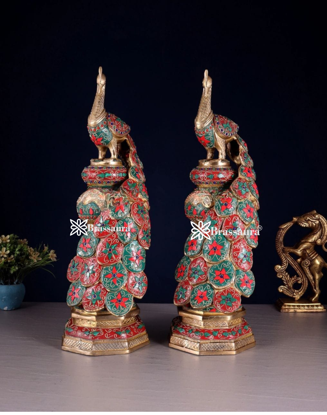 Brassaura™ Brass Peacock Pair with Floral Meenakari Detailing – Height 20 Inches & Weight 17 Kgs (Pair