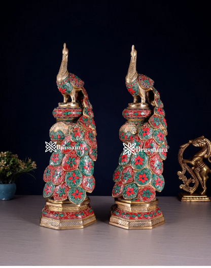 Brassaura™ Brass Peacock Pair with Floral Meenakari Detailing – Height 20 Inches & Weight 17 Kgs (Pair