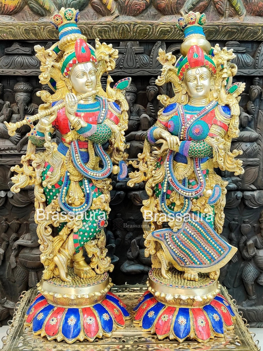 Brassaura™ Brass Gem Stone Work Radha-Krishna Idol – Height 27 Inches & Weight 40 Kgs | Temple & Puja Décor