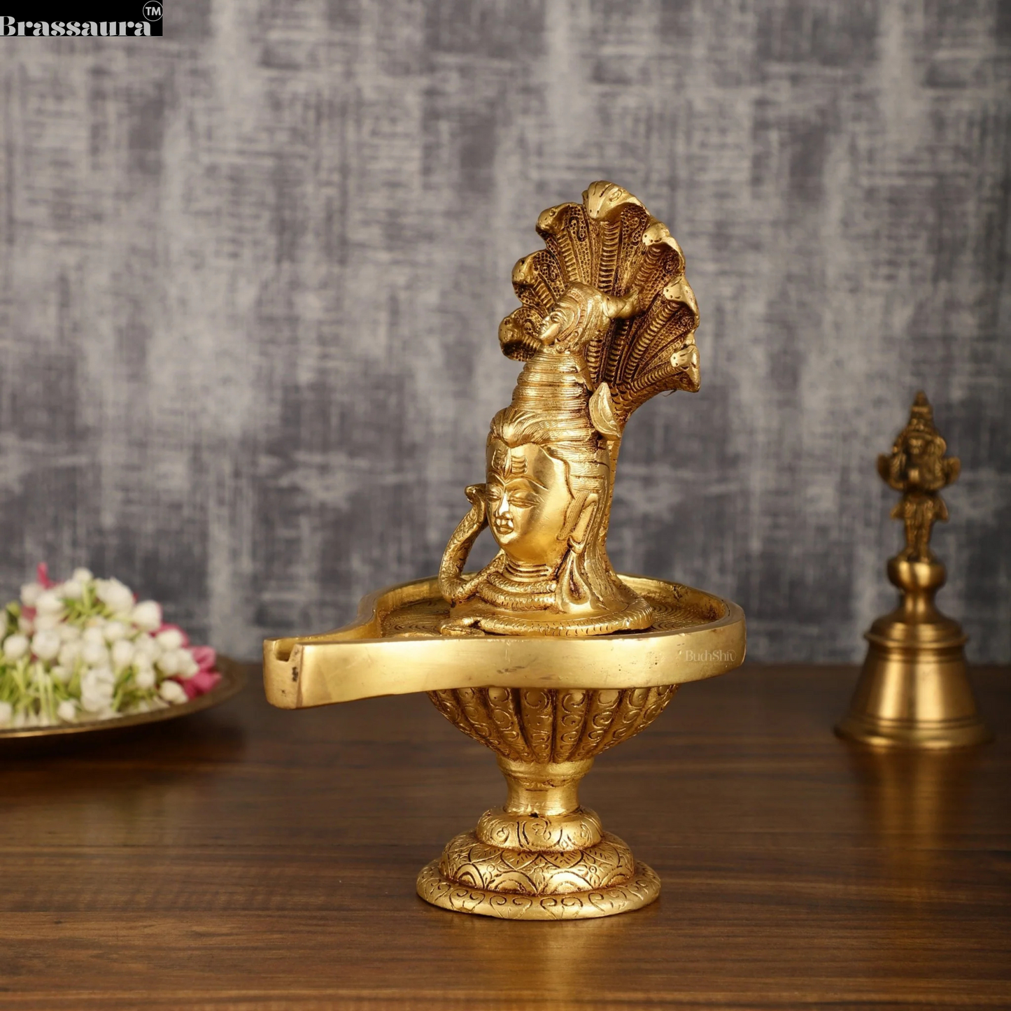 Brassaura™ Pure Brass Lord Shiva Face on Lingam | Height 10 Inches | Weight 2.4 Kgs | Spiritual Home Decor