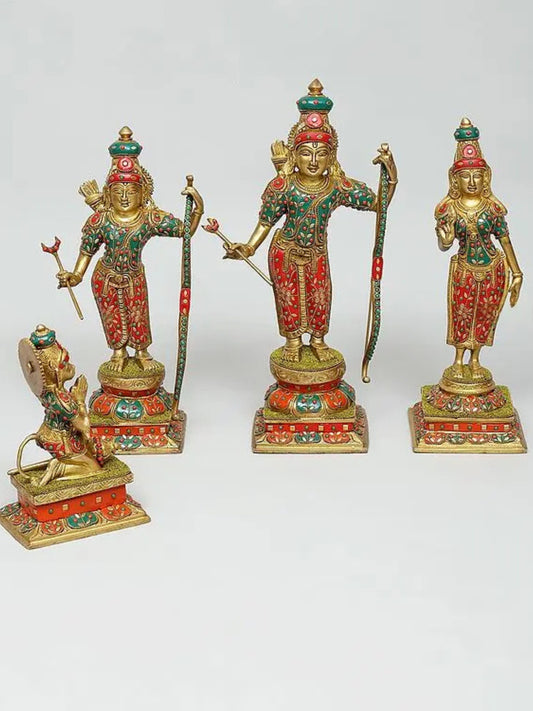 Brassaura™ Brass Ram Darbar Statue Set – Rama, Sita, Lakshman & Hanuman | Height 18 Inches (Rama) | Pure Brass Idols for Temples & Home Decor